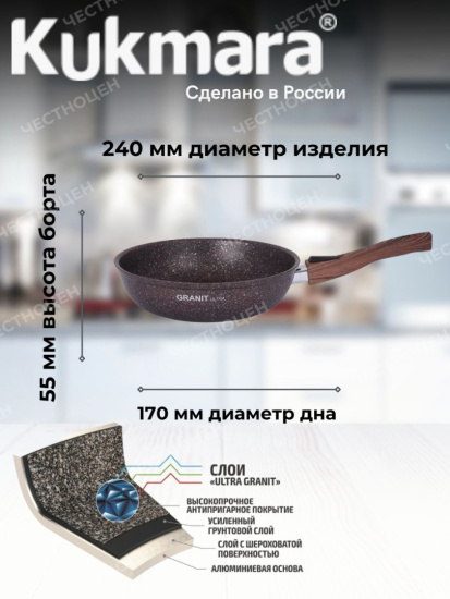 Сковорода 240мм со съeм. ручкой, стеклянная крышка АП "Гранит ультра" (красный) сга243а
