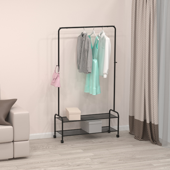 Вешалка гардеробная "Валенсия 32М" с двумя полками, на колёсах (VALENCIA 32M clothes rack) Черный