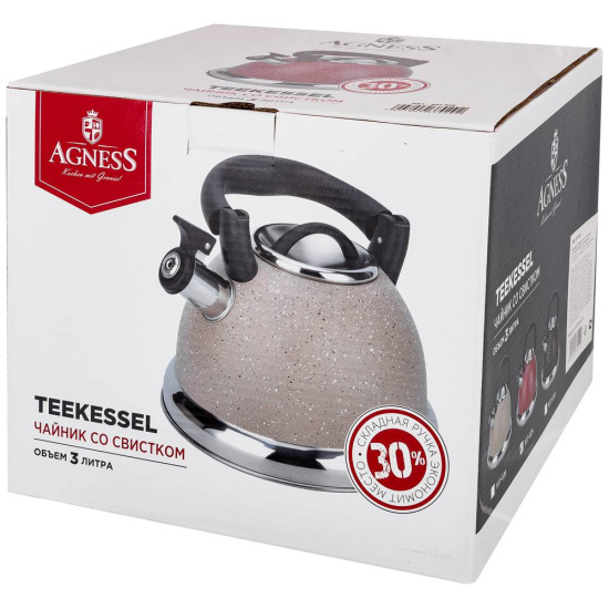 ЧАЙНИК AGNESS СО СВИСТКОМ, СЕРИЯ "BLACK MARBLE"3,0 Л И СКЛАДЫВАЮЩЕЙСЯ РУЧКОЙ, ИНДУКЦ. КАПС (937-030)