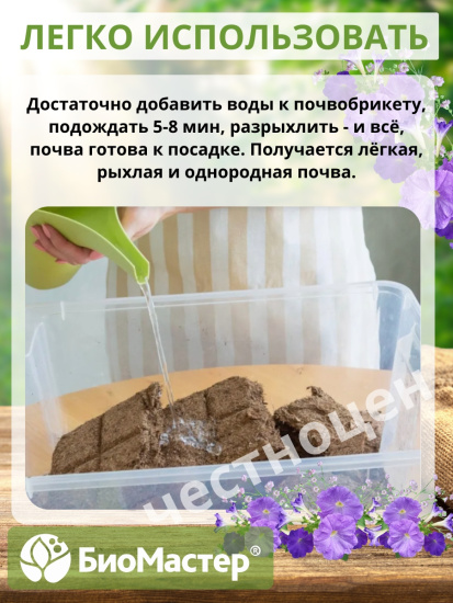 Почвобрикет 10л Дивная петуния, с гидрогелем БИОМАСТЕР Почвобрикет 10л Дивная петуния, с гидрогелем БИОМАСТЕР