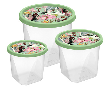 Комплект контейнеров для продуктов круглых 3 шт. (0,6л+1л+1,75л) с декором (зеленый) 222133418/08