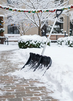 Снеговая лопата БОГАТЫРЬ №2 пластмассовая с оц.планкой 480х360мм, ø-32 с дер. черенком и V-руч 02039