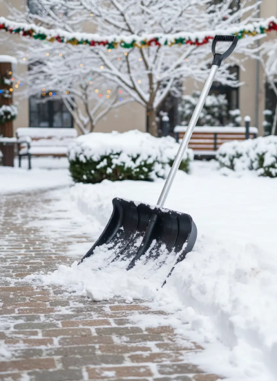 Снеговая лопата БОГАТЫРЬ №2 пластмассовая с оц.планкой 480х360мм, ø-32 с дер. черенком и V-руч 02039