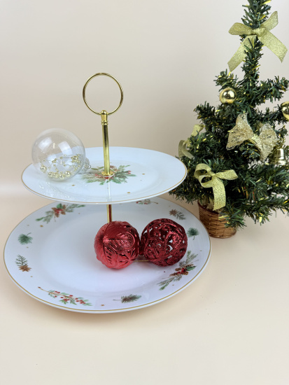 Блюдо 2-х ярусное для торта 27/19см круглое Новогоднее чудо 14354