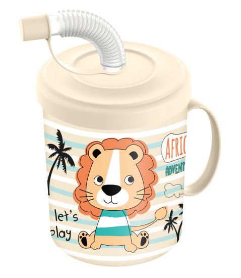 Кружка детская с крышкой, трубочкой и колпачком 300мл с декором"Львенок"(светло-бежевый)221502025/01