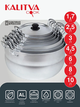 НАБОР“МАТРЕШКА”из 7 полусфер кастрюль(1,7;2,5;3;4,5; 6;8;10 л), 2 мет/руч, мет/кр. Алюминий 11107