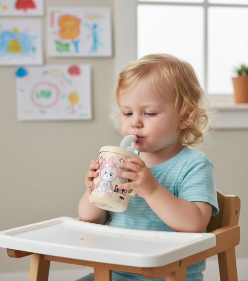 Кружка детская с крышкой, трубочкой и колпачком 300мл с декором "Зайка" (светло-бежевый)221502825/01