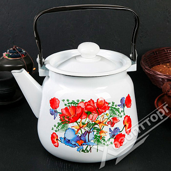 Чайник для плиты 3,5л эмаль С2716.3*95 сфер. декор Цветы красные, белый с кнопкой Чайник для плиты 3,5л эмаль С2716.3*95 сфер. декор Цветы красные, белый с кнопкой