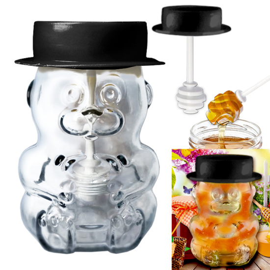 Банка для мёда стекл. 275 мл "МИШКА" с ложкой-веретено шляпа чёрная 475-98505 Банка для мёда стекл. 275 мл "МИШКА" с ложкой-веретено шляпа чёрная 475-98505