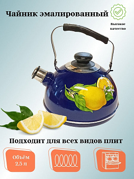 Чайник 2,5л. (подвиж. ручка) - синий / лимоны (декор - нерж. сталь) TM04/25/05/35
