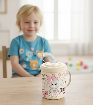 Кружка детская с крышкой, трубочкой и колпачком 300мл с декором "Зайка" (светло-бежевый)221502825/01