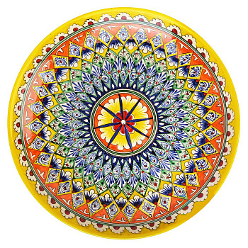 Ляган 42см, плоский Риштанская керамика жёлтый