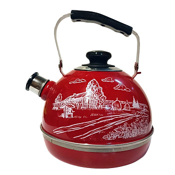 Чайник 3,5л. (подвиж. ручка) - бордовый / белый домик в деревне (декор - нерж. сталь) TM04/35/01/38 